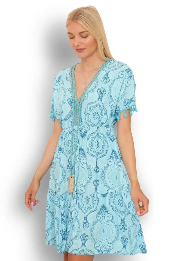 Copenhagen luxe Blue dress 4466 med guld- og flettedetaljer.