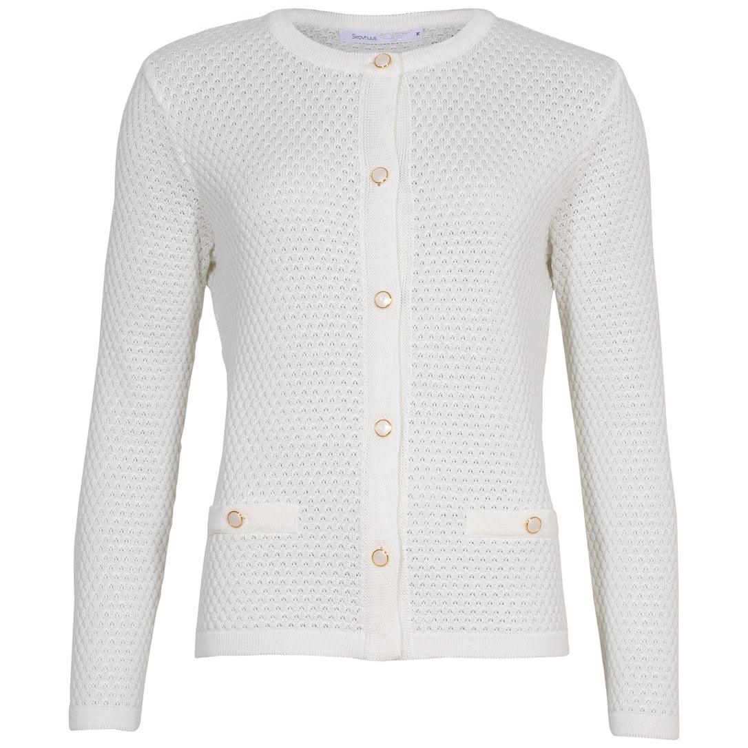 Skovhuus cardigan m. Guld 2880 med guldknapper og sømandsbobler.
