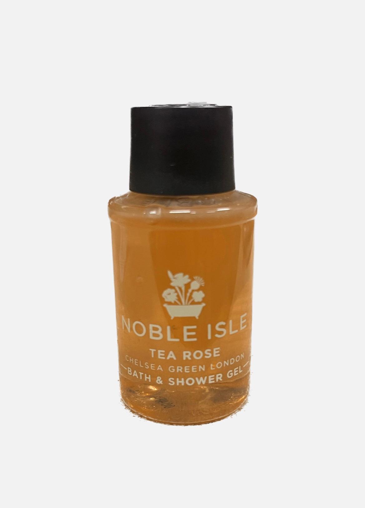 Noble Isle Tea Rose shower gel, 30 ml flaske med sort låg.