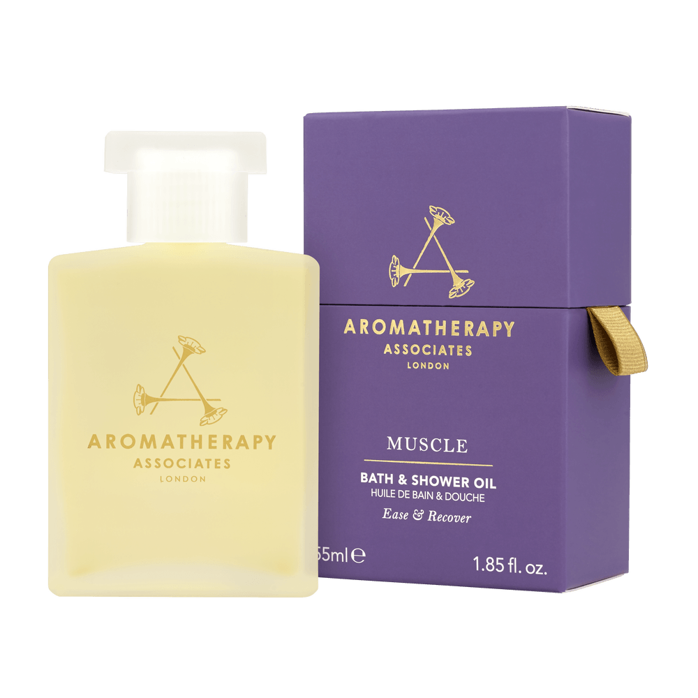 Aromatherapy Associates Muscle bath & shower oil, 55 ml ved siden af æske.