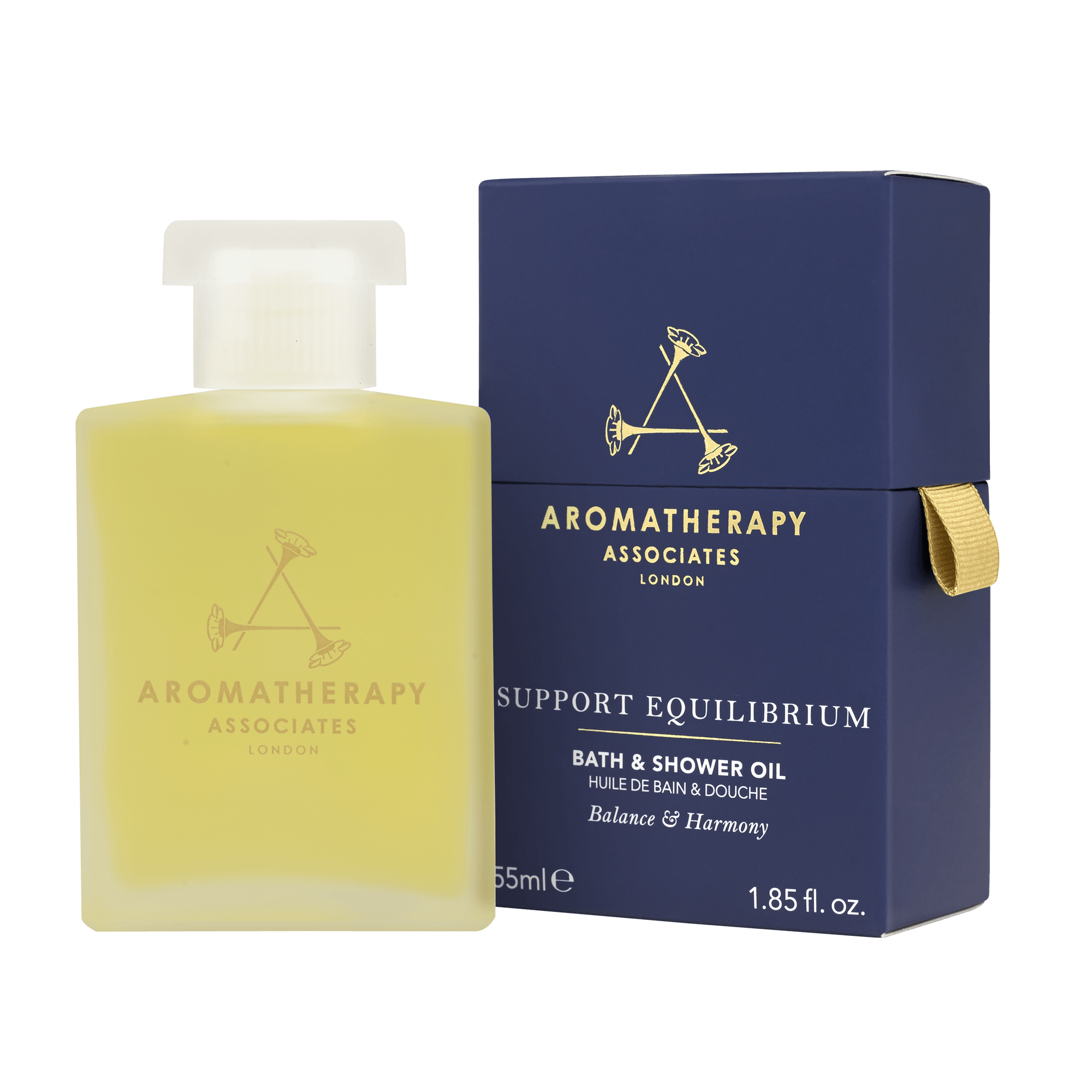 Aromatherapy Associates Support Equilibrium 55 ml flaske ved siden af æske.