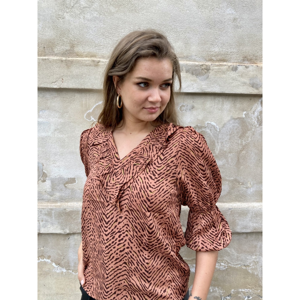 Continue Serpil waves blouse Skjorter og bluser Brown print with gold splatch