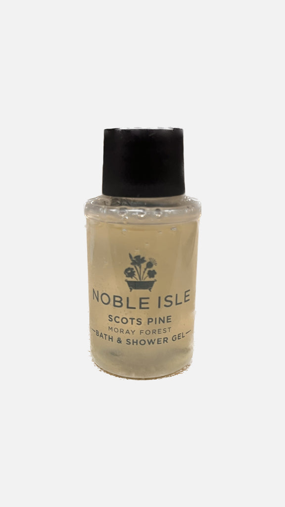 Noble shower gel 30 ml i plastflaske med sort låg.