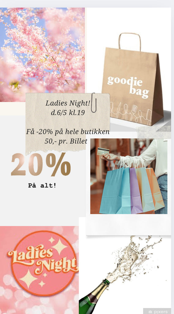 Ladies Night Ikast 6/5 kl.19:00 collage med shoppingelementer.