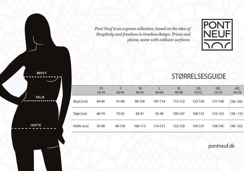 Pont Neuf Bianco kjole silhouet med kvindelig pasform og størrelsesdiagram.