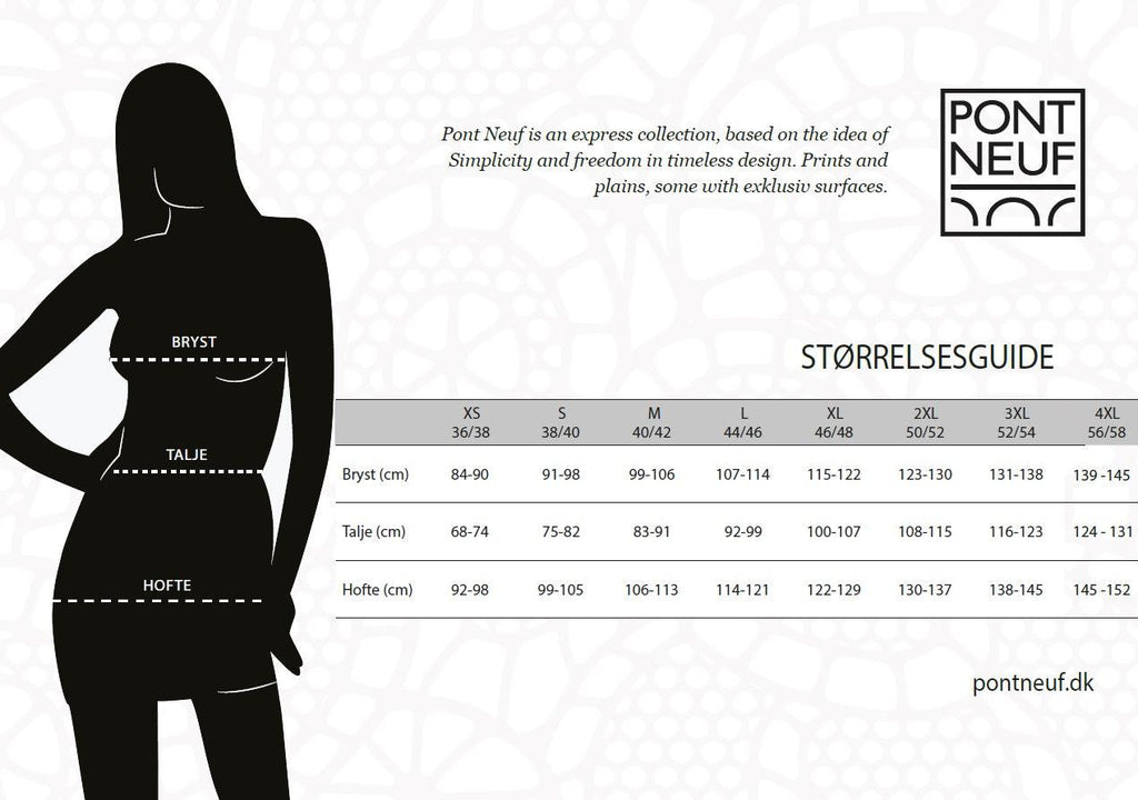 Pont neuf Mette kjole silhuet og størrelsesguide.