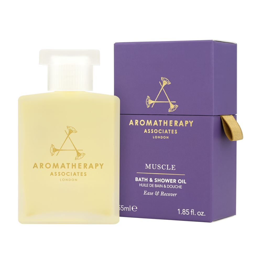 Aromatherapy Associates Muscle bath & shower oil, 55 ml ved siden af æske.