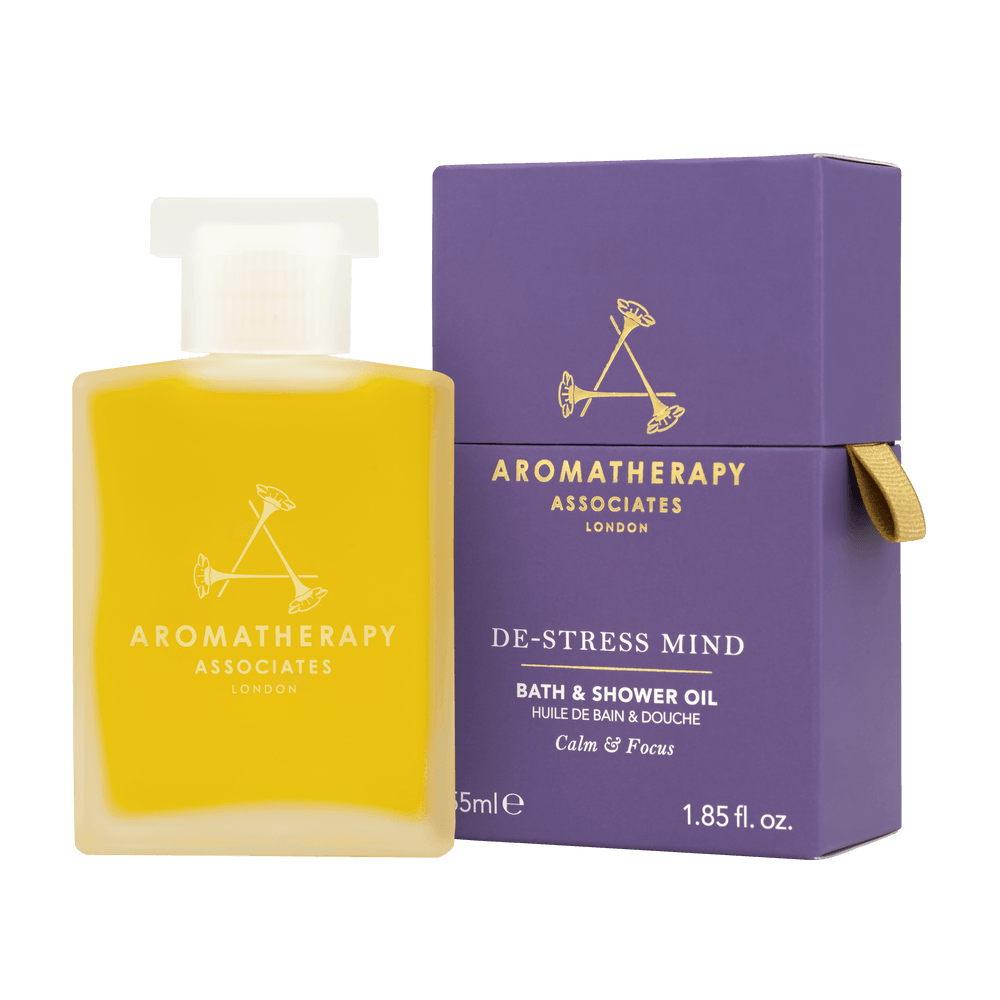 Aromatherapy Associates De-stress Mind bath & shower oil ved siden af æske.