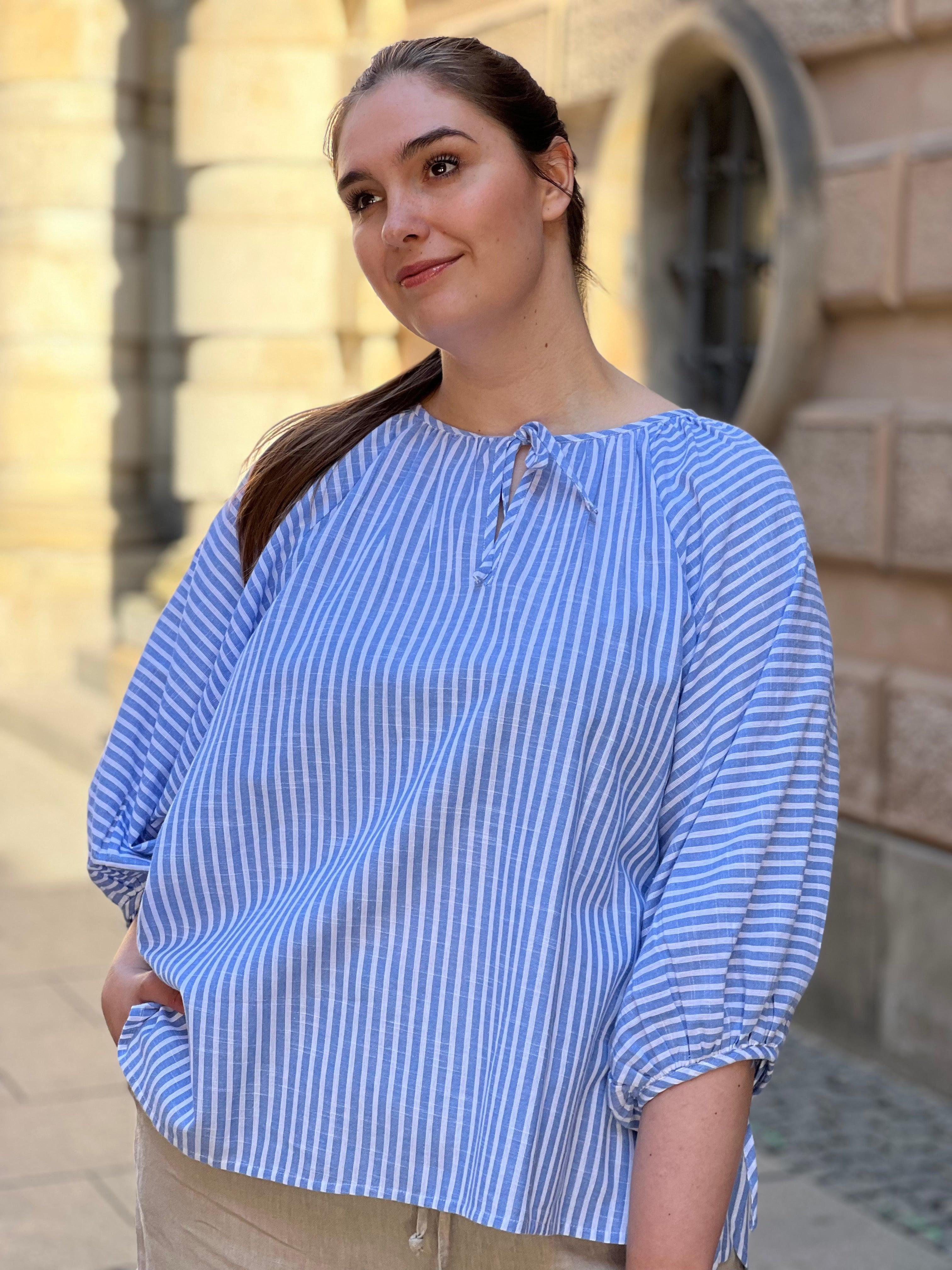 Mira bluse blåstribet bomuld - Damernes Outlet
